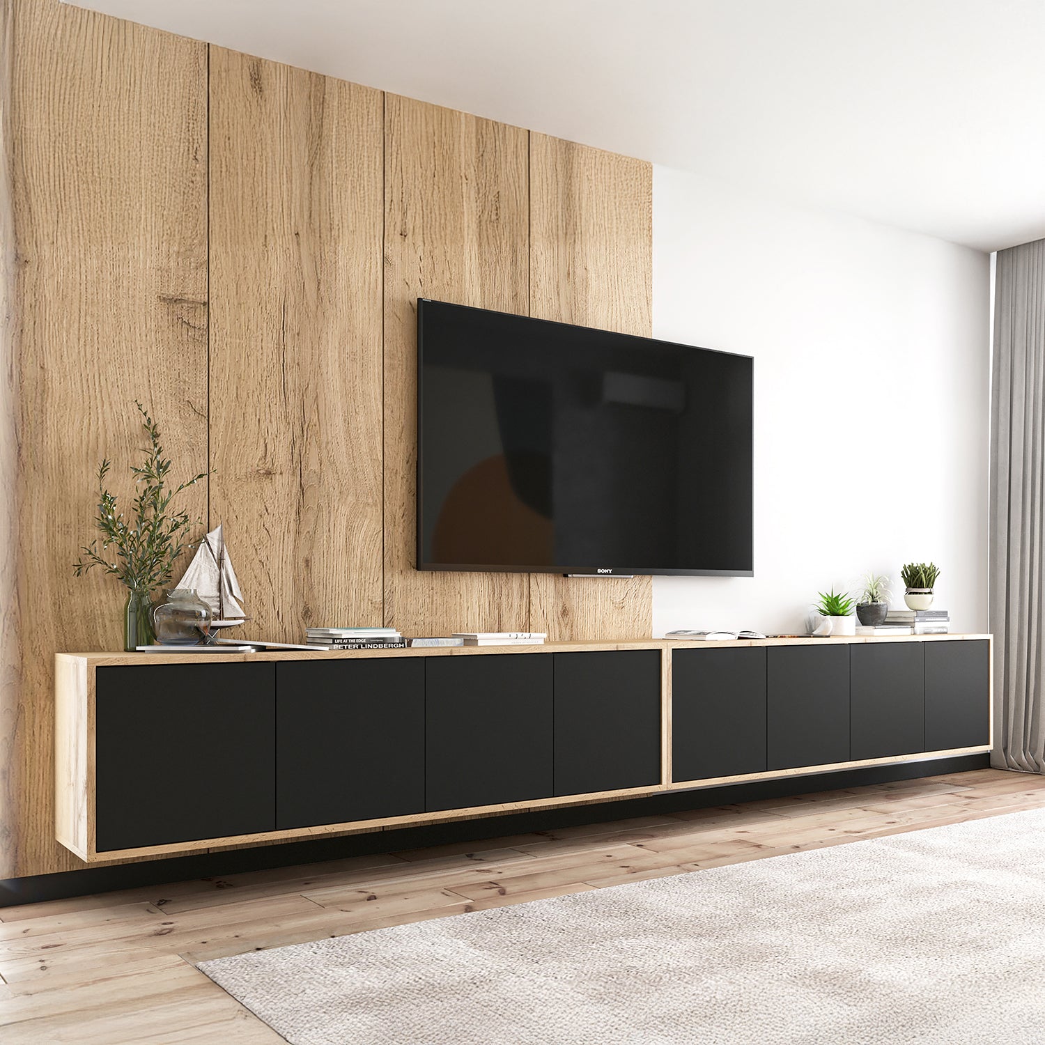 Apollo Modern Wall-Mounted Wide TV Unit – Black / Oak Wotan