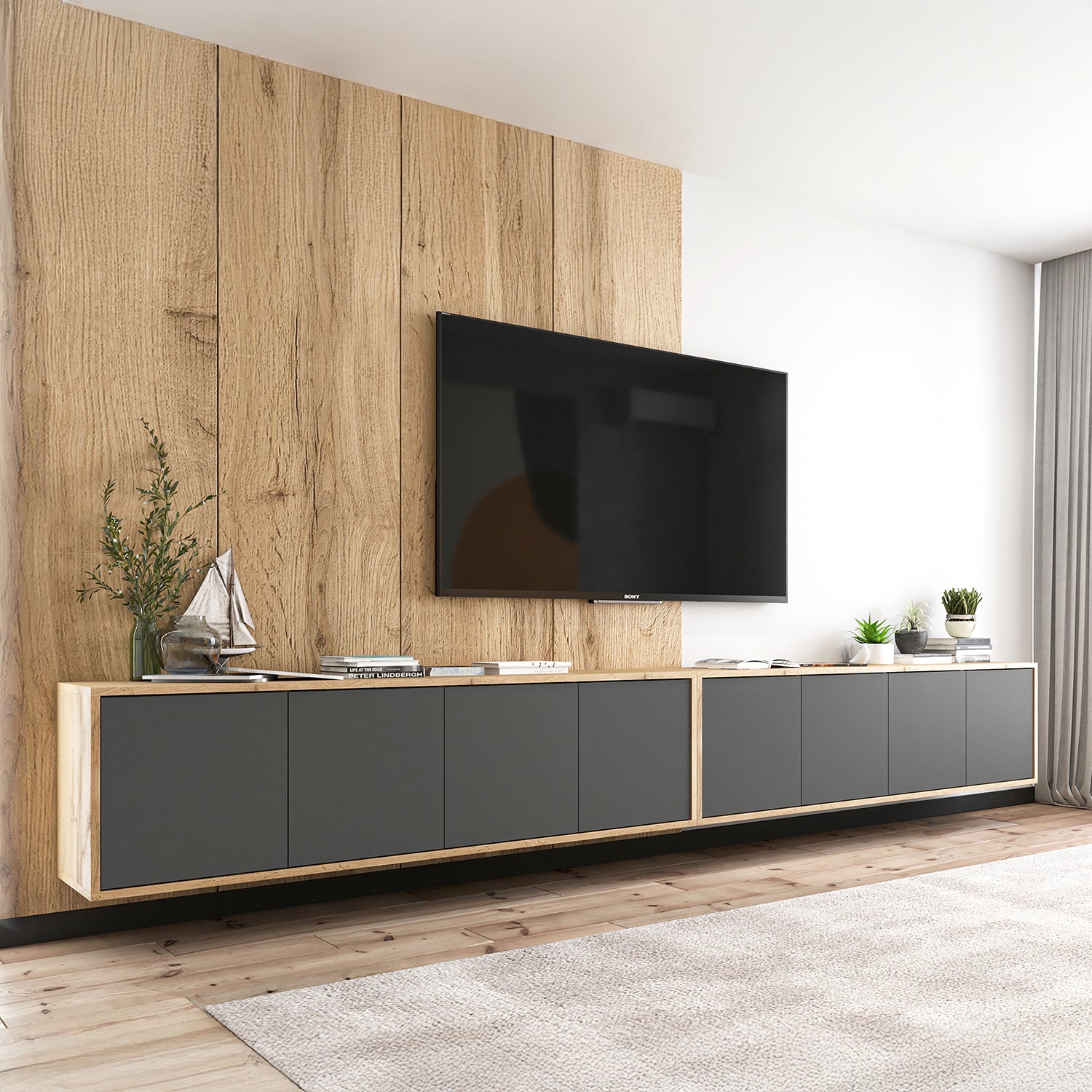 Apollo Modern Wall-Mounted Wide TV Unit – Grey / Oak Wotan