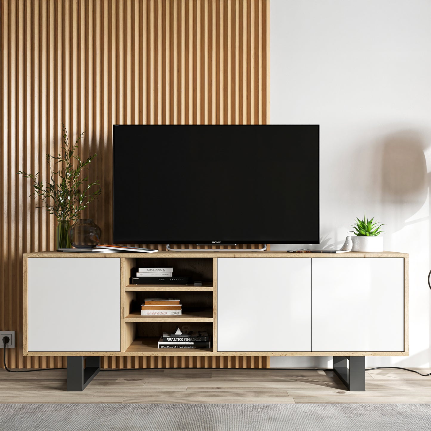 Apollo Modern TV Unit with Open Shelving and Metal Legs - White / Oak Wotan
