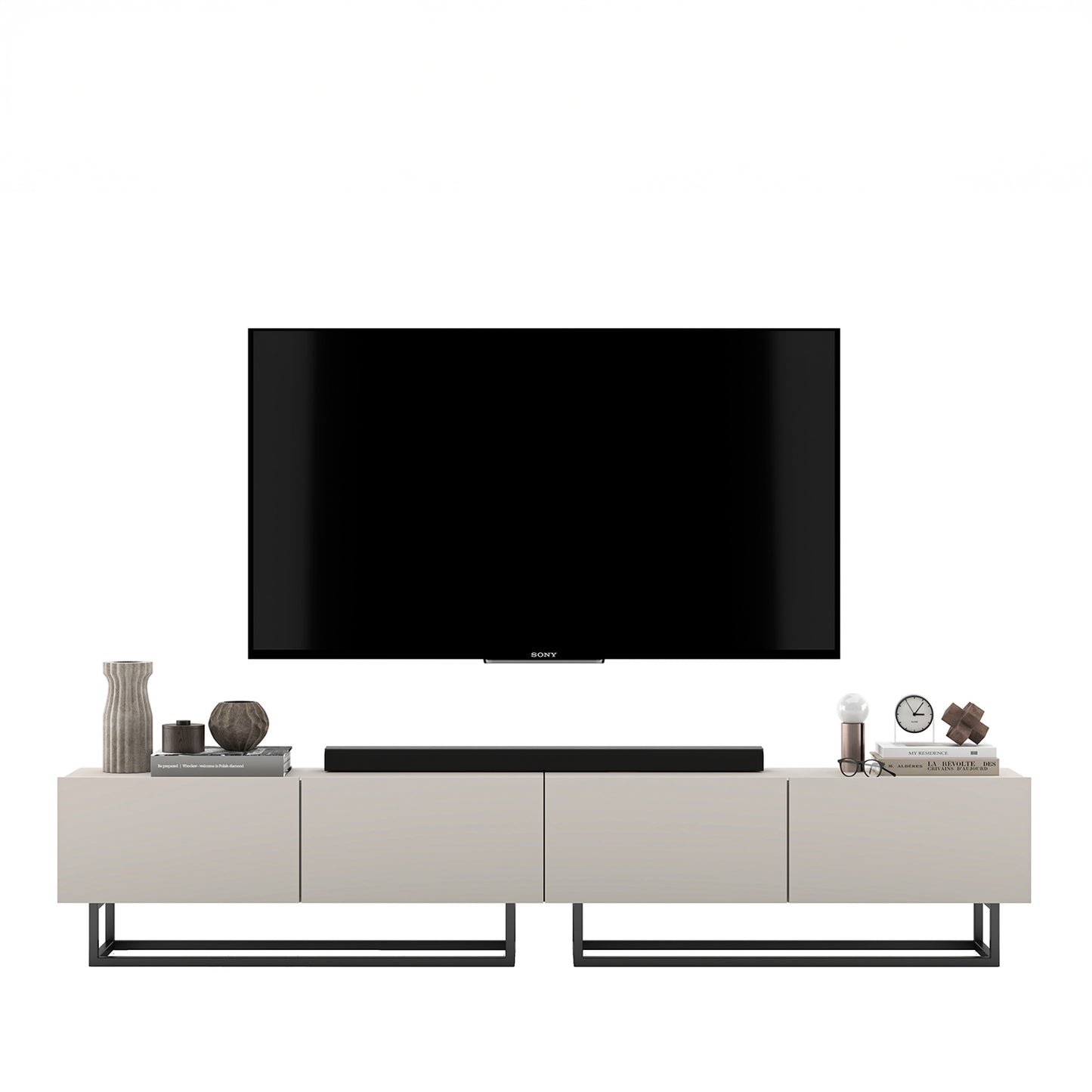 Enjoy Minimalist Freestanding TV Unit with Metal Base 4-Door Wide Design - Cashmere