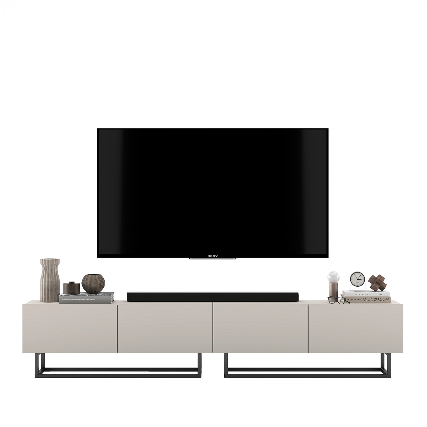 Enjoy Minimalist Freestanding TV Unit with Metal Base 4-Door Wide Design - Cashmere