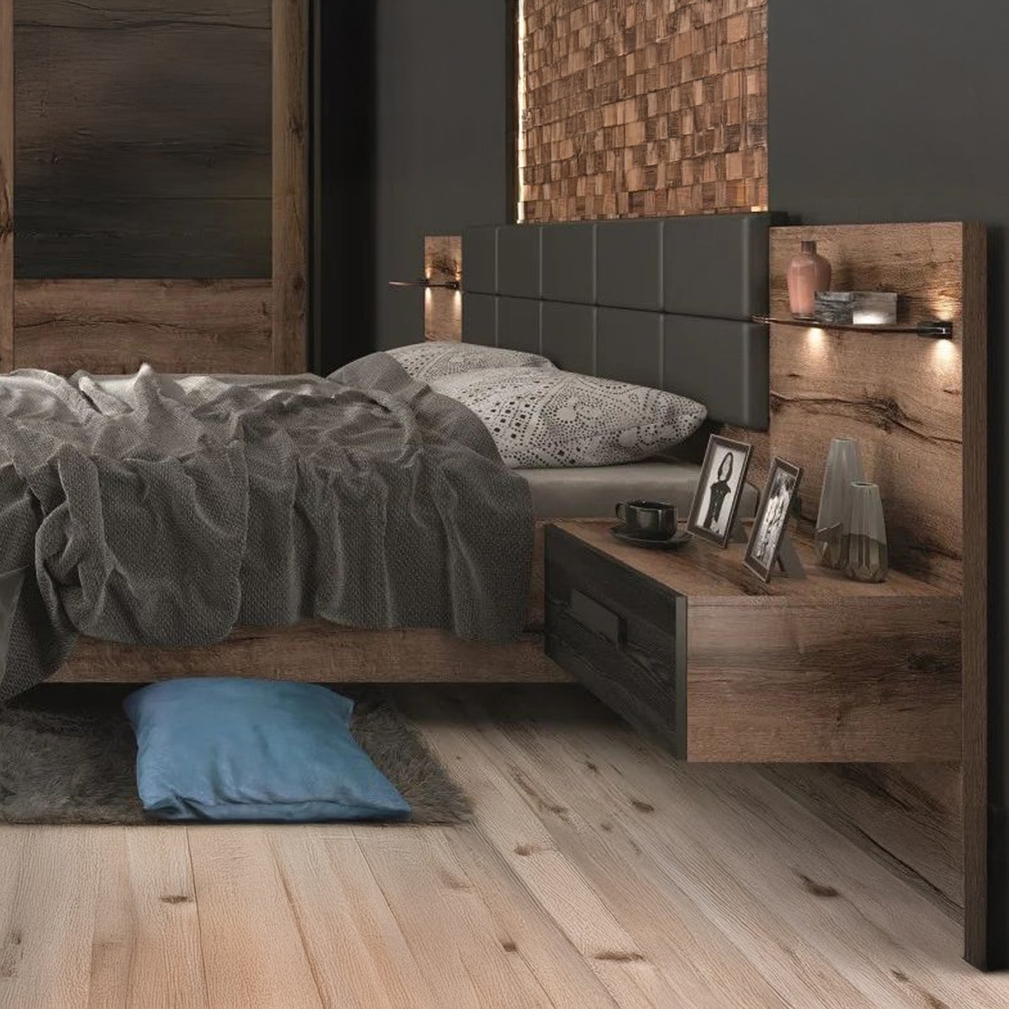 Kassel Bedroom Set 160B - Bed with Storage, Bedside Tables, Wardrobe and Chest of Drawers