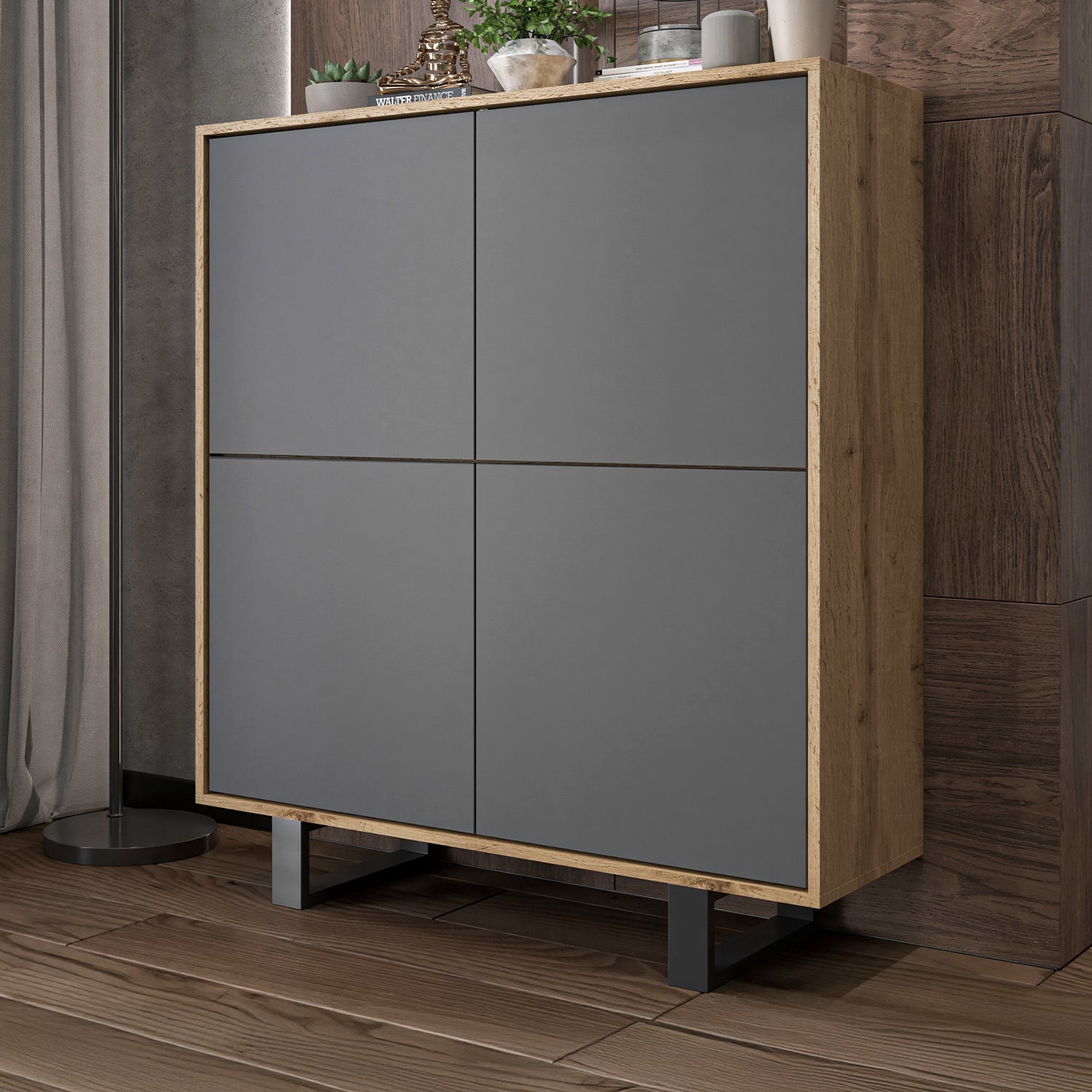 Apollo Modern Sideboard with 4-Door Design and Metal Legs – Grey / Oak Wotan