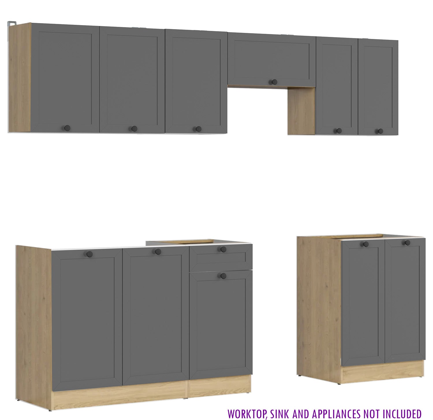 Summer 7 Unit Kitchen Cabinets Set 230cm - Graphite / Bernstein Oak