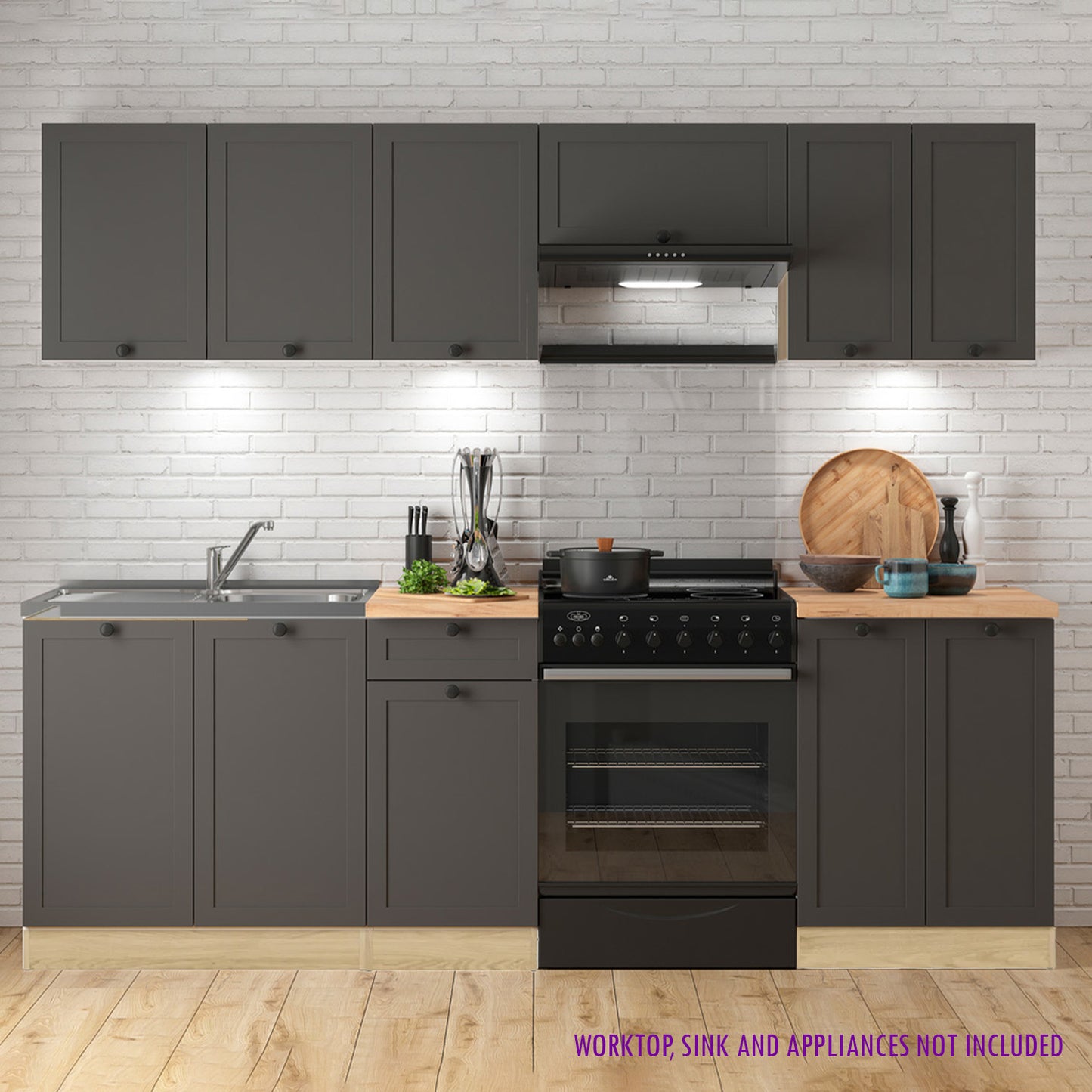 Summer 7 Unit Kitchen Cabinets Set 230cm - Graphite / Bernstein Oak