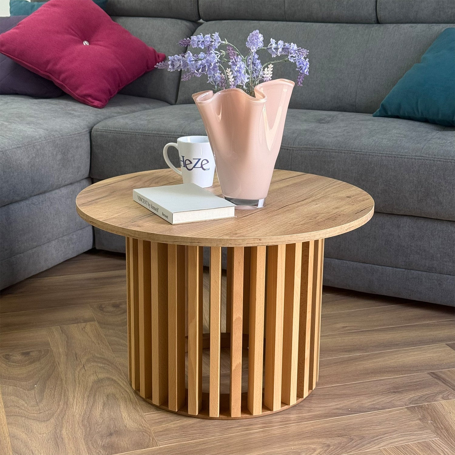 Ruston Scandinavian Style Wooden Slats Base Coffee Table 60cm - Gold Craft Oak