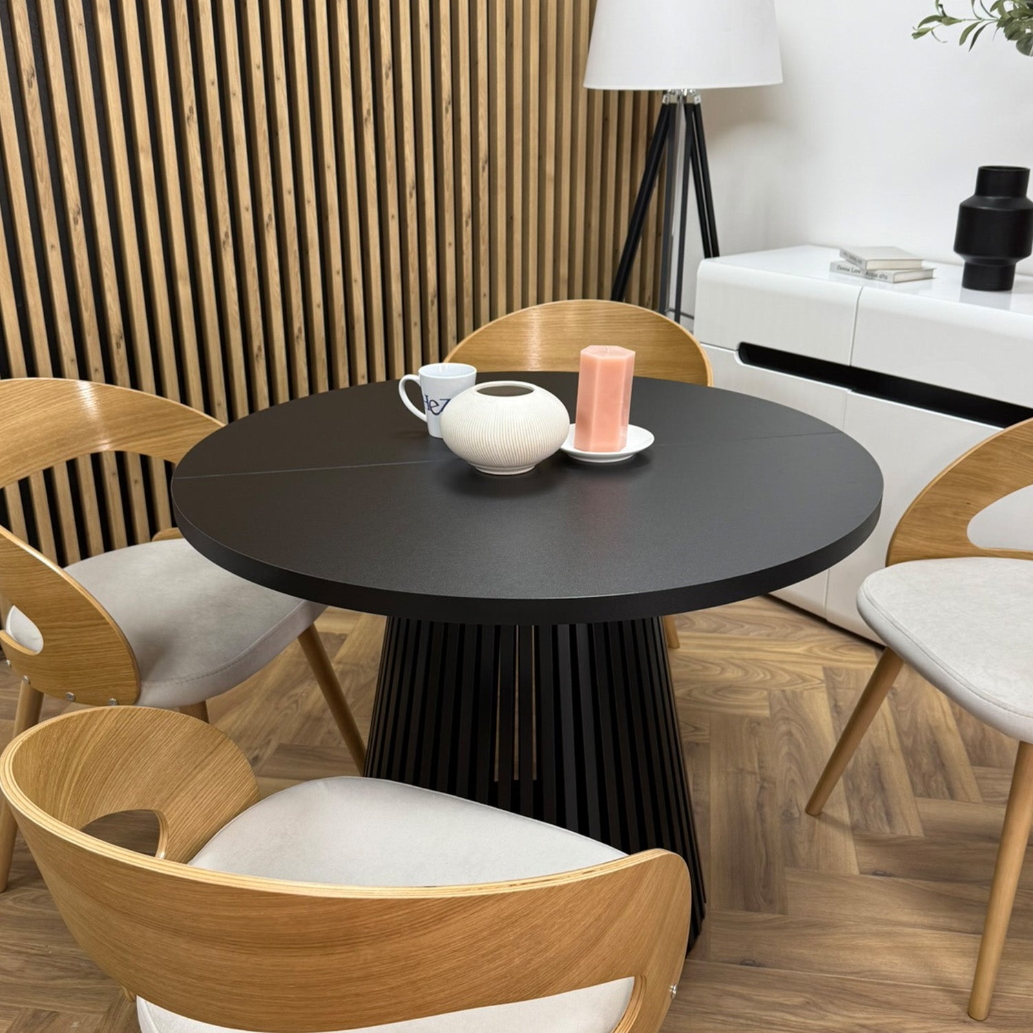 Ruston Round Extendable Table with Slats - Black