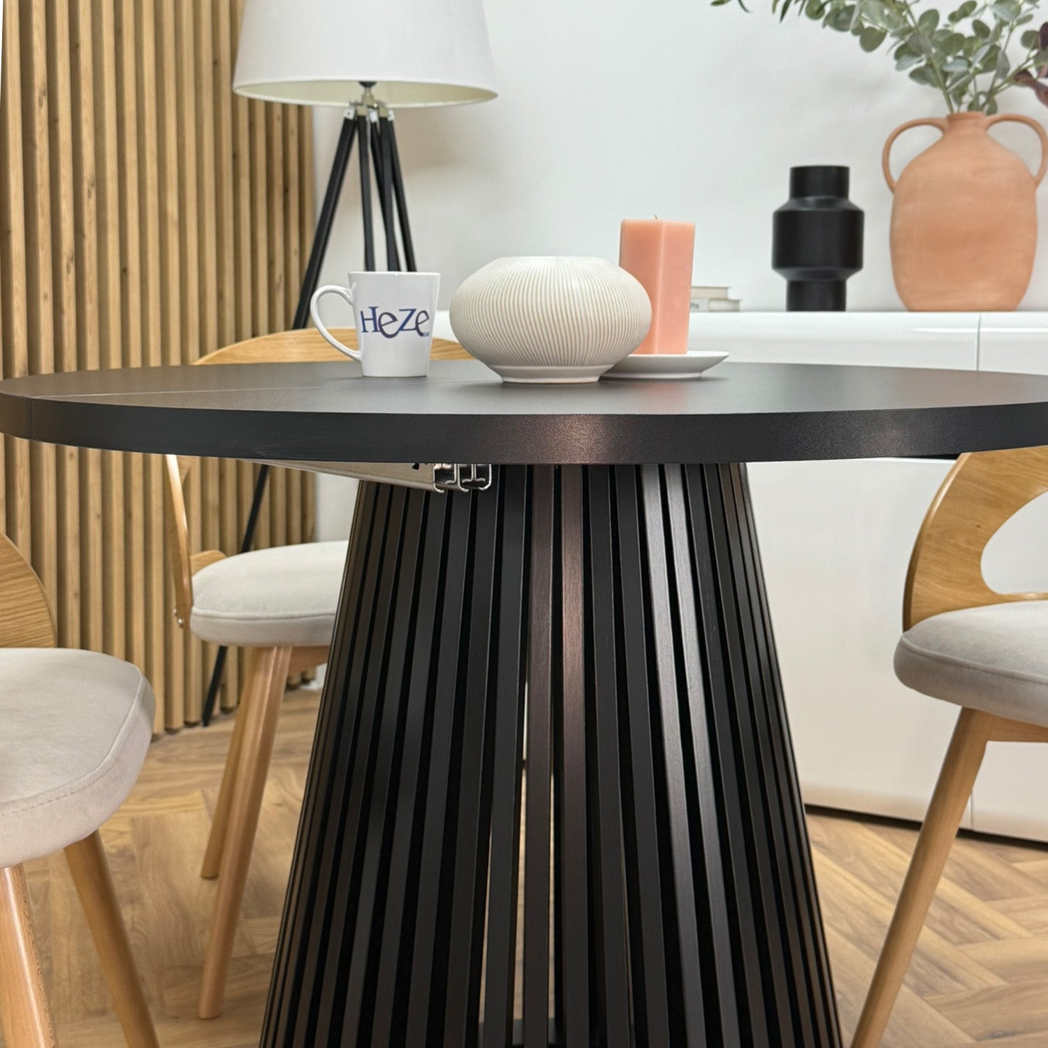 Ruston Round Extendable Table with Slats - Black