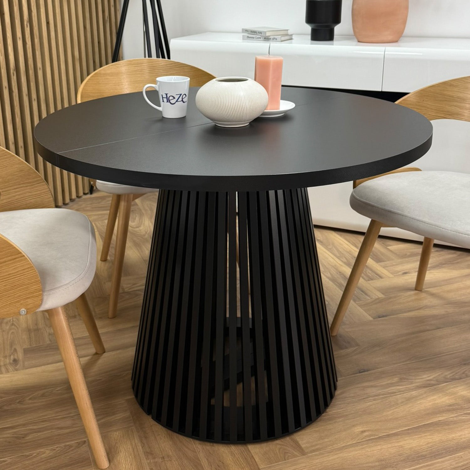 Ruston Round Extendable Table with Slats - Black