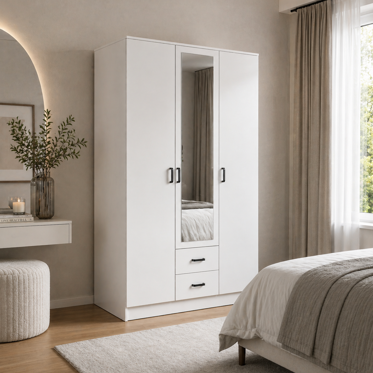 Theda Wardrobe with Mirror and Drawers - White