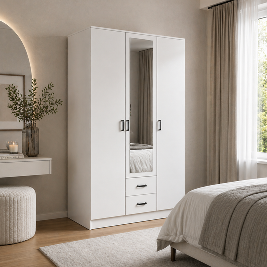Theda Wardrobe with Mirror and Drawers - White