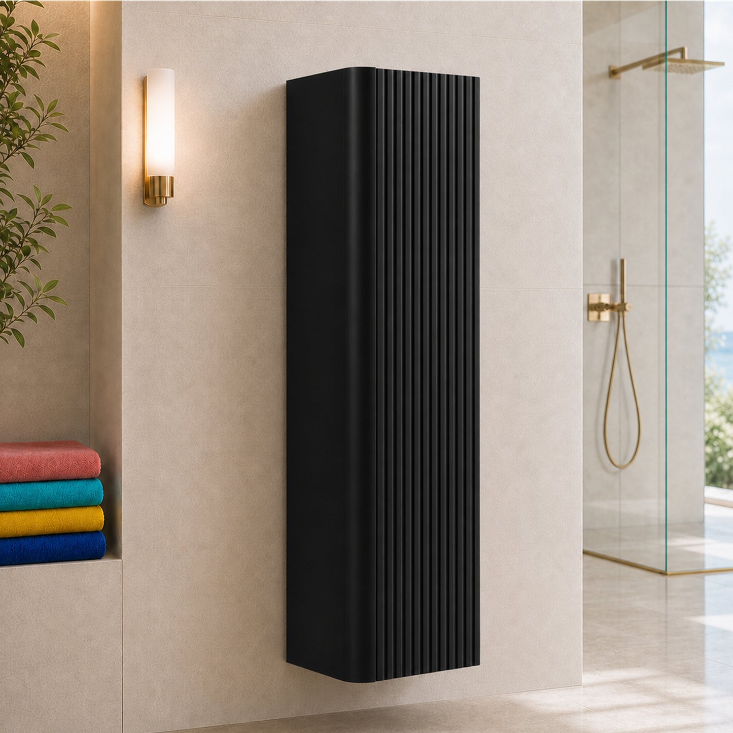 Linea Tall Wall Mounted Bathroom Cabinet Fluted Design - Black