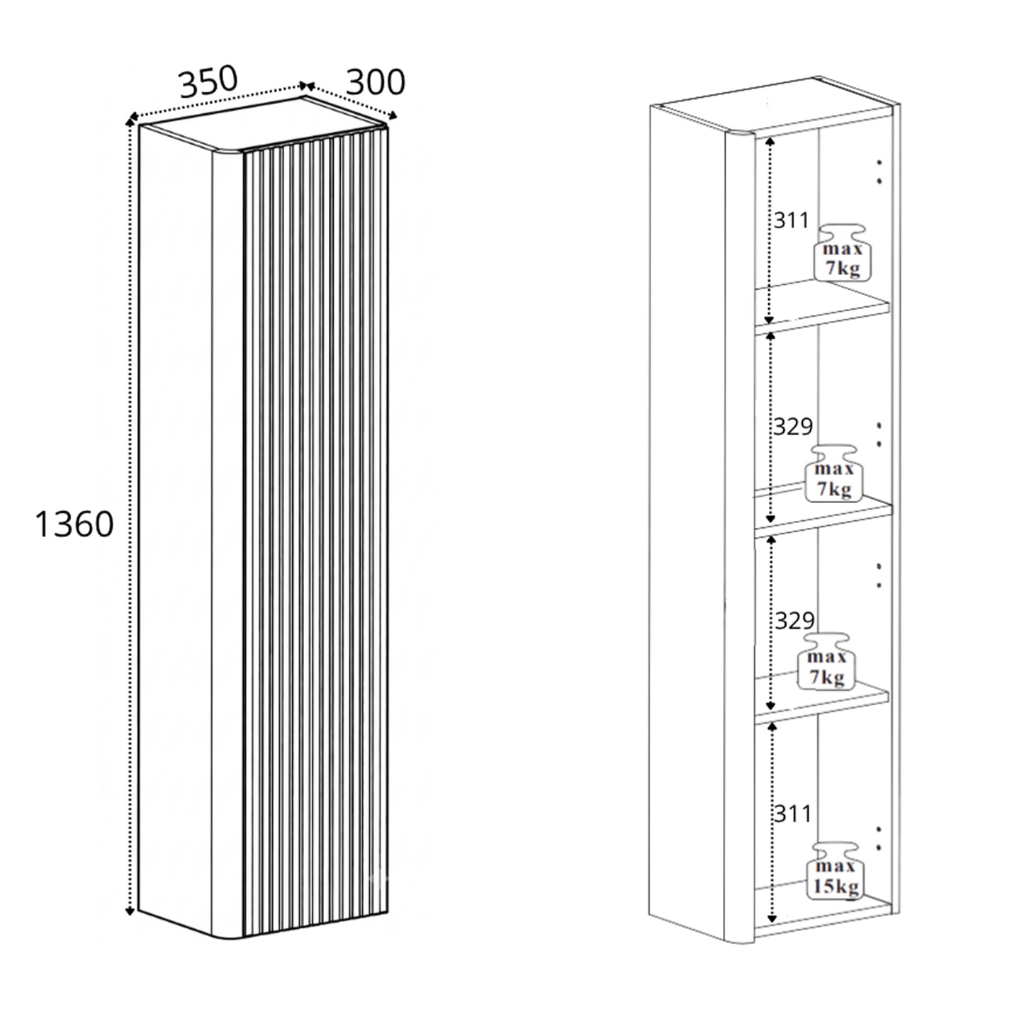 Linea Tall Wall Mounted Bathroom Cabinet Fluted Design - Cashmere
