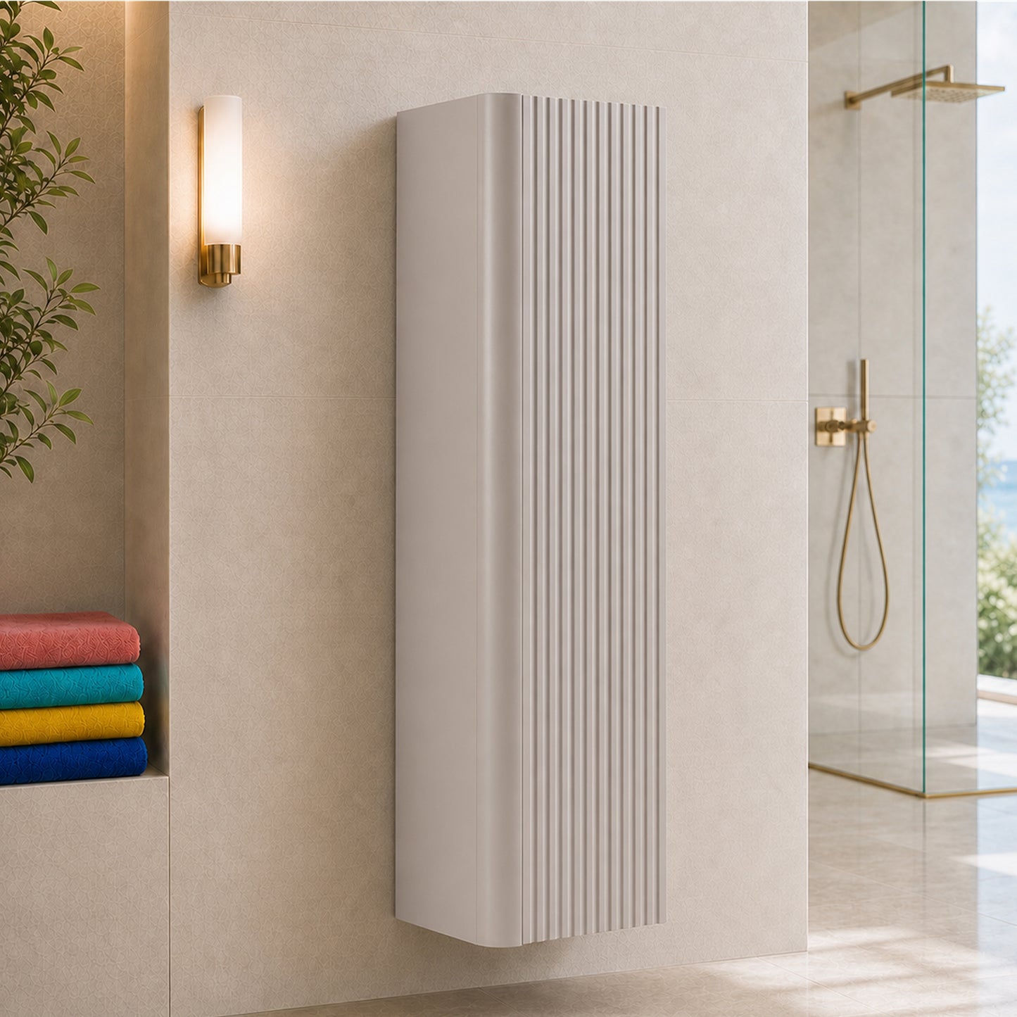 Linea Tall Wall Mounted Bathroom Cabinet Fluted Design - Cashmere