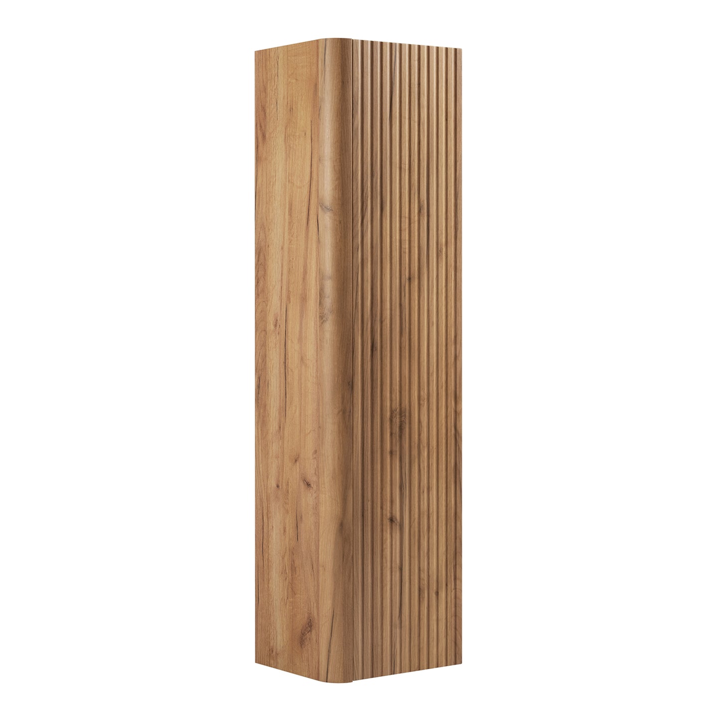 Linea Tall Wall Mounted Bathroom Cabinet Fluted Design - Gold Craft Oak
