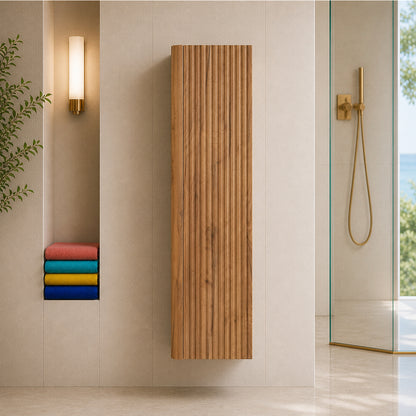 Linea Tall Wall Mounted Bathroom Cabinet Fluted Design - Gold Craft Oak