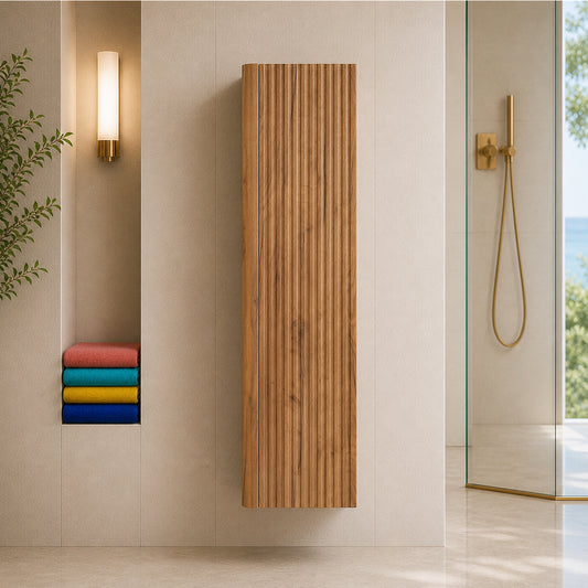 Linea Tall Wall Mounted Bathroom Cabinet Fluted Design - Gold Craft Oak