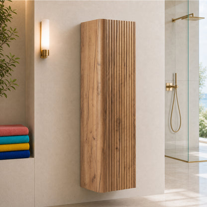 Linea Tall Wall Mounted Bathroom Cabinet Fluted Design - Gold Craft Oak