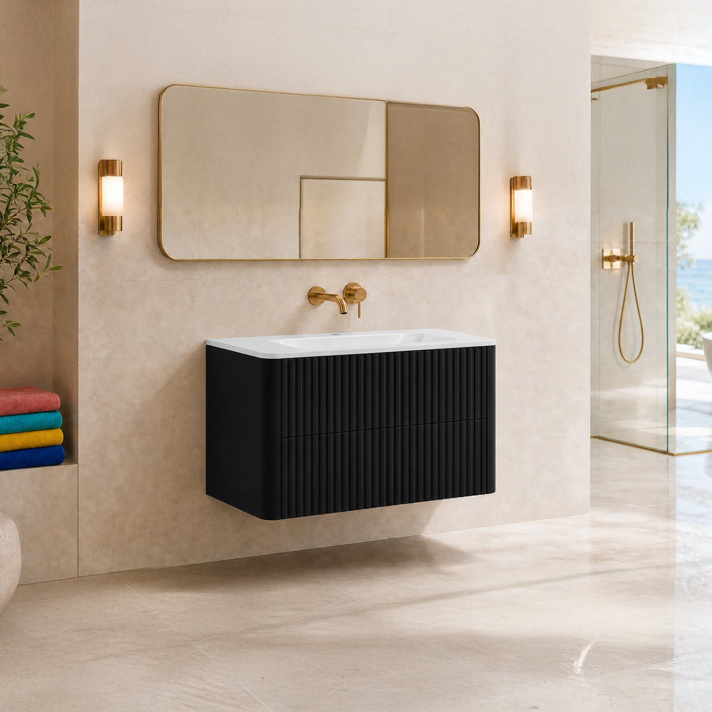 Linea 100cm Wall Bathroom Vanity Unit with Basin - Black