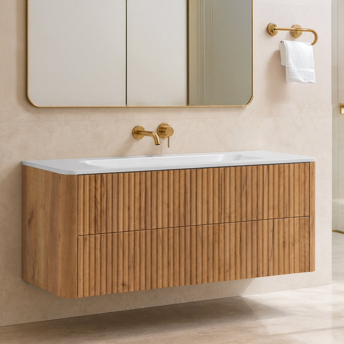 Linea 100cm Wall Bathroom Vanity Unit with Basin - Gold Craft Oak