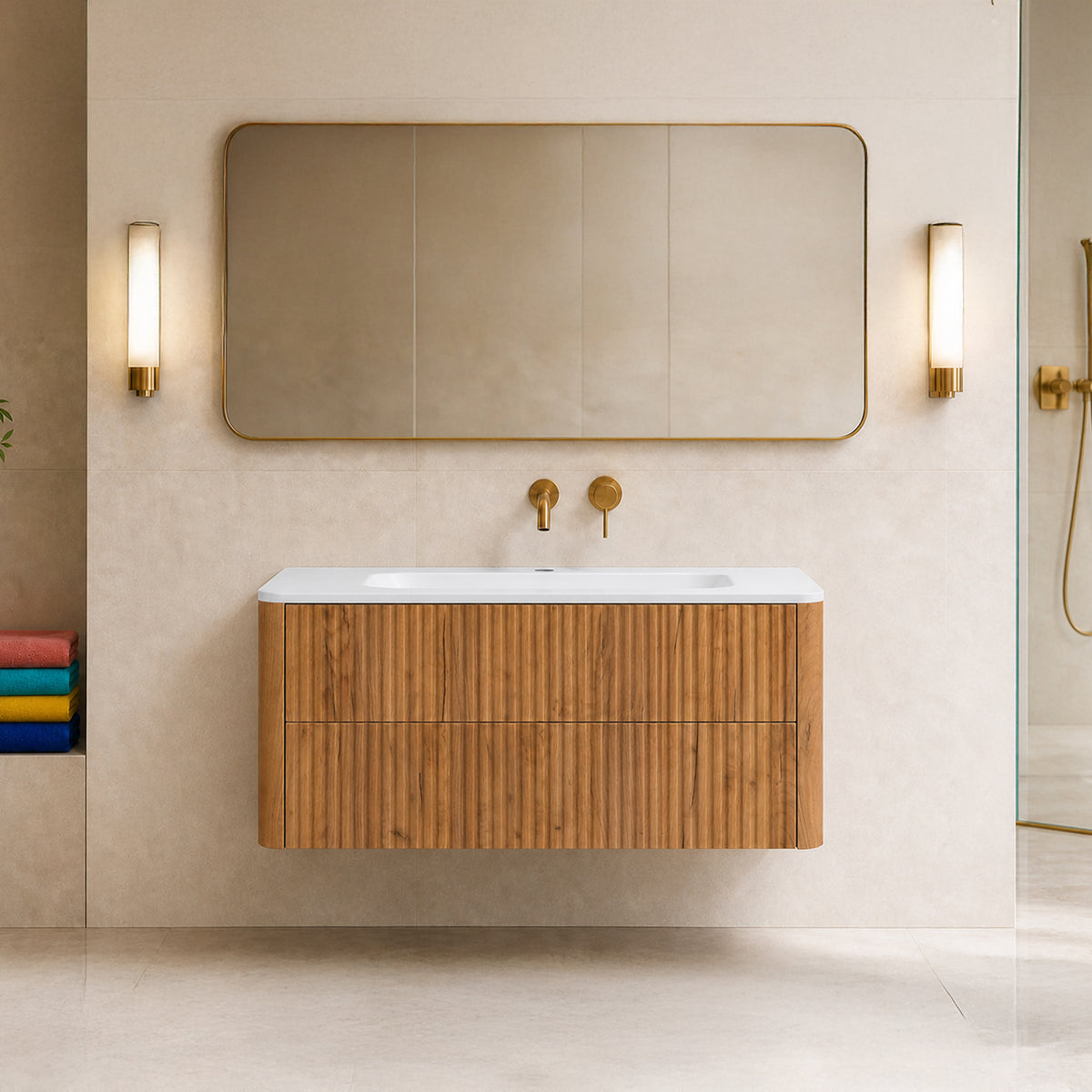 Linea 100cm Wall Bathroom Vanity Unit with Basin - Gold Craft Oak