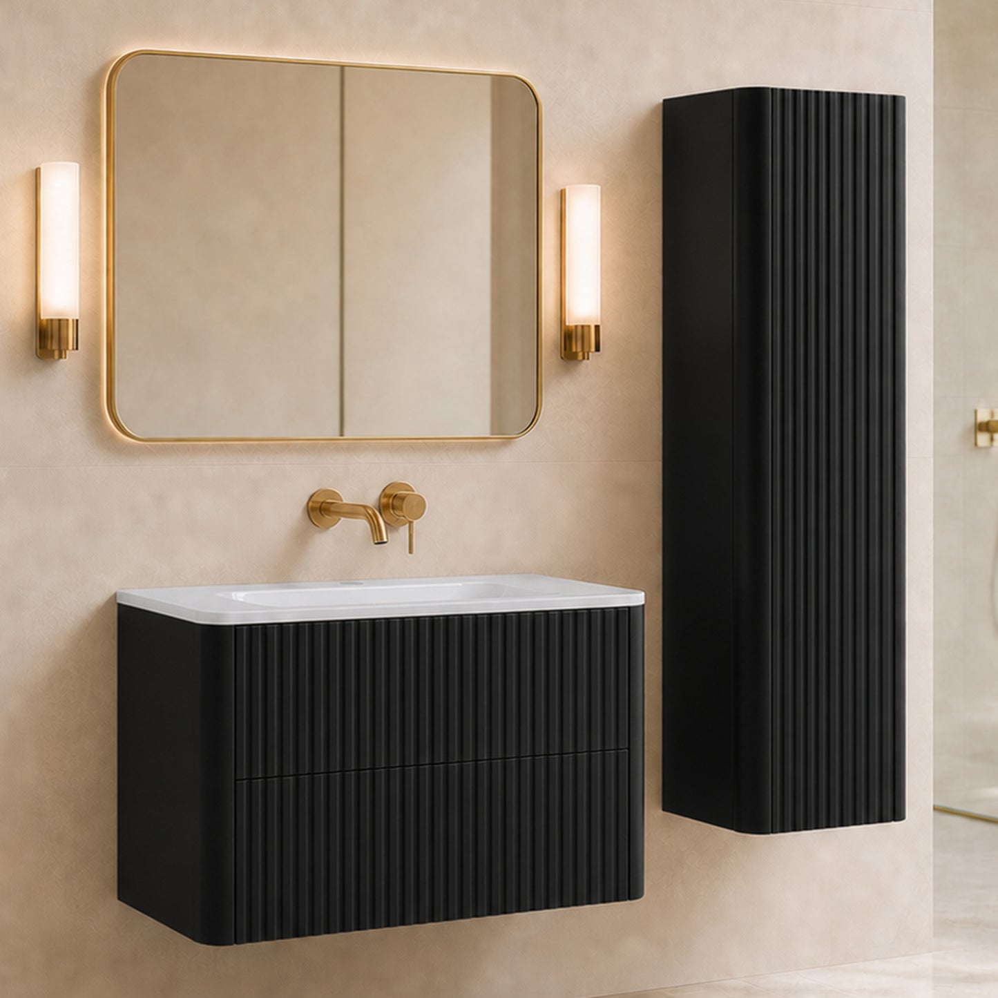 Linea Bathroom Furniture Set 100cm Vanity Unit with Basin & Tall Cabinet - Black