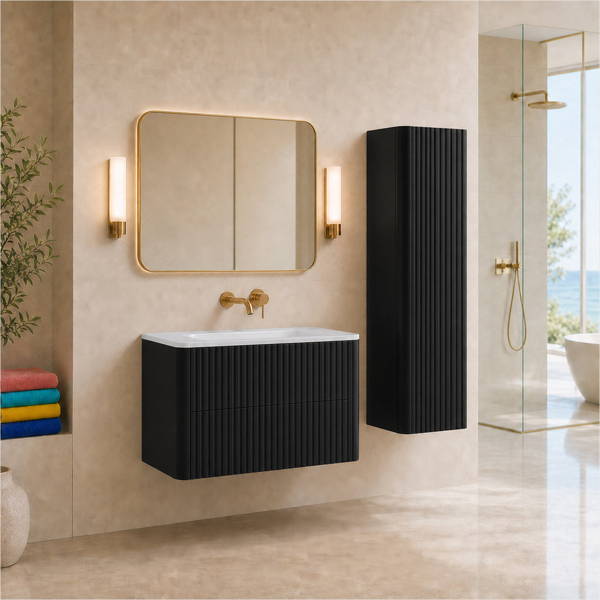 Linea Bathroom Furniture Set 100cm Vanity Unit with Basin & Tall Cabinet - Black