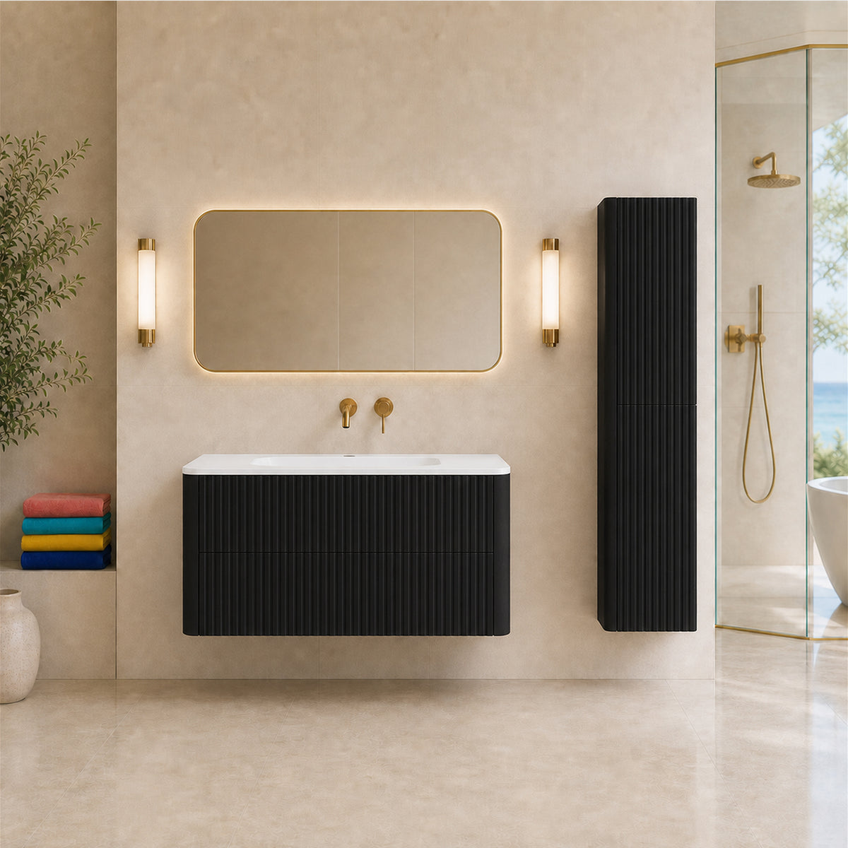 Linea Bathroom Furniture Set 100cm Vanity Unit with Basin & Tall Cabinet - Black