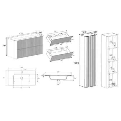 Linea Bathroom Furniture Set 100cm Vanity Unit with Basin & Tall Cabinet - Cashmere