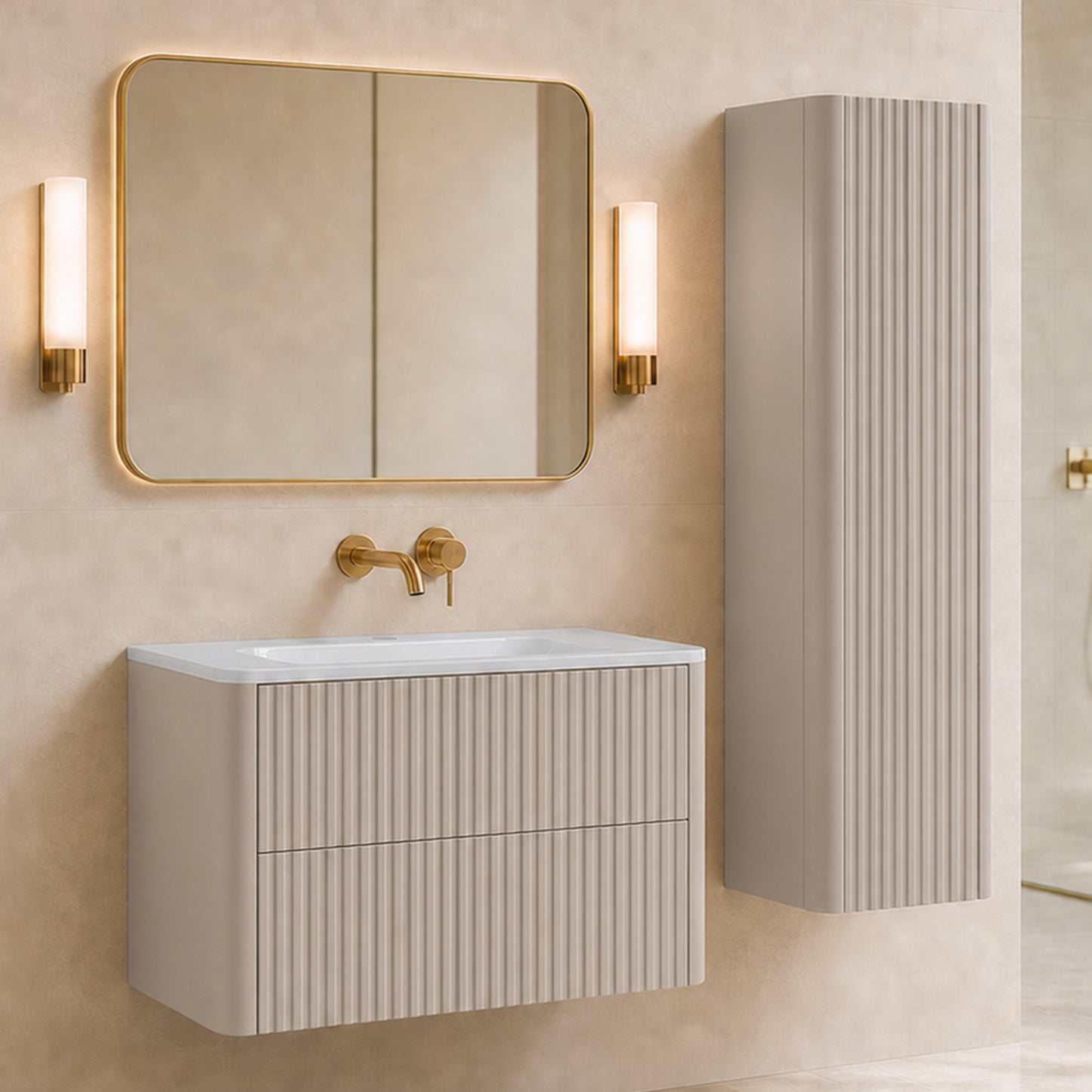 Linea Bathroom Furniture Set 100cm Vanity Unit with Basin & Tall Cabinet - Cashmere