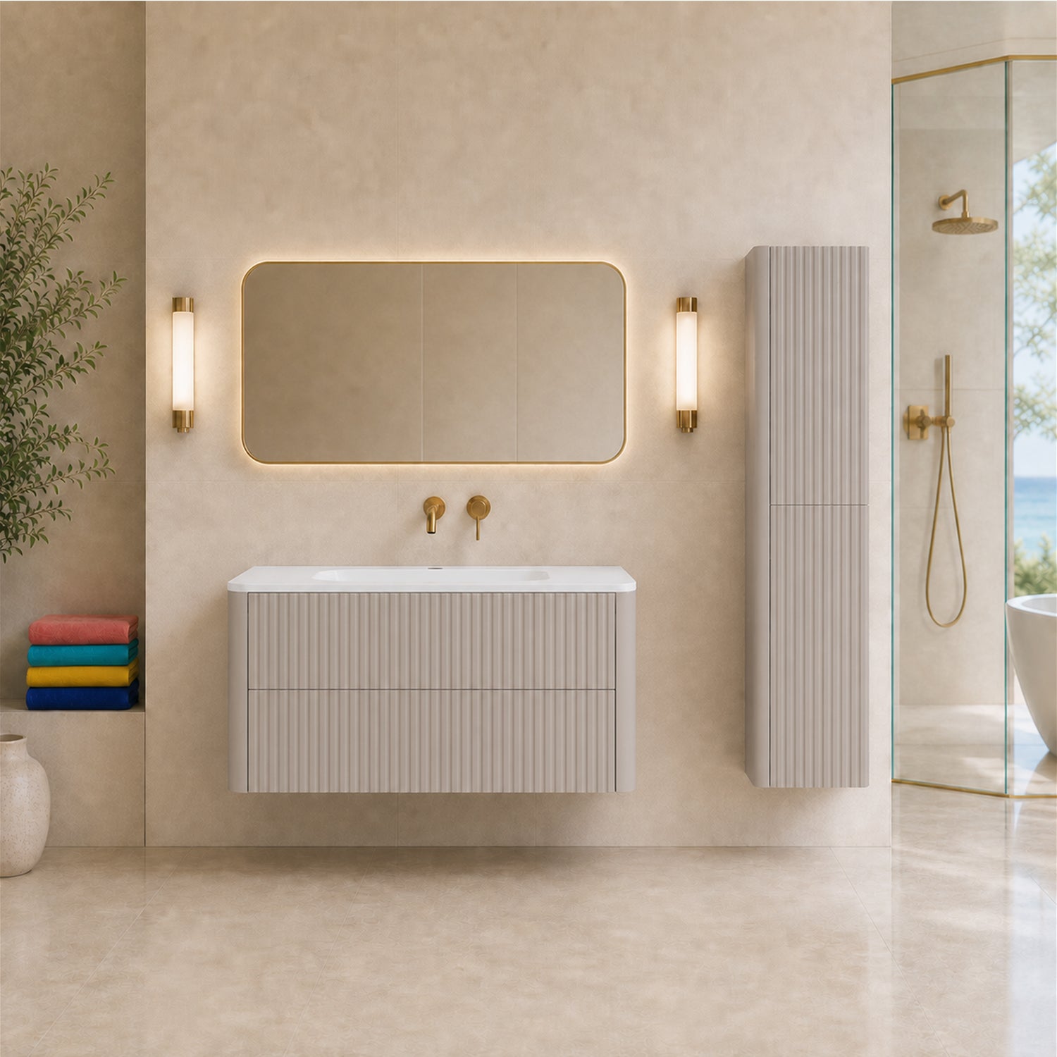 Linea Bathroom Furniture Set 100cm Vanity Unit with Basin & Tall Cabinet - Cashmere