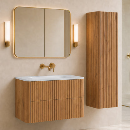 Linea Bathroom Furniture Set 100cm Vanity Unit with Basin & Tall Cabinet - Gold Craft Oak