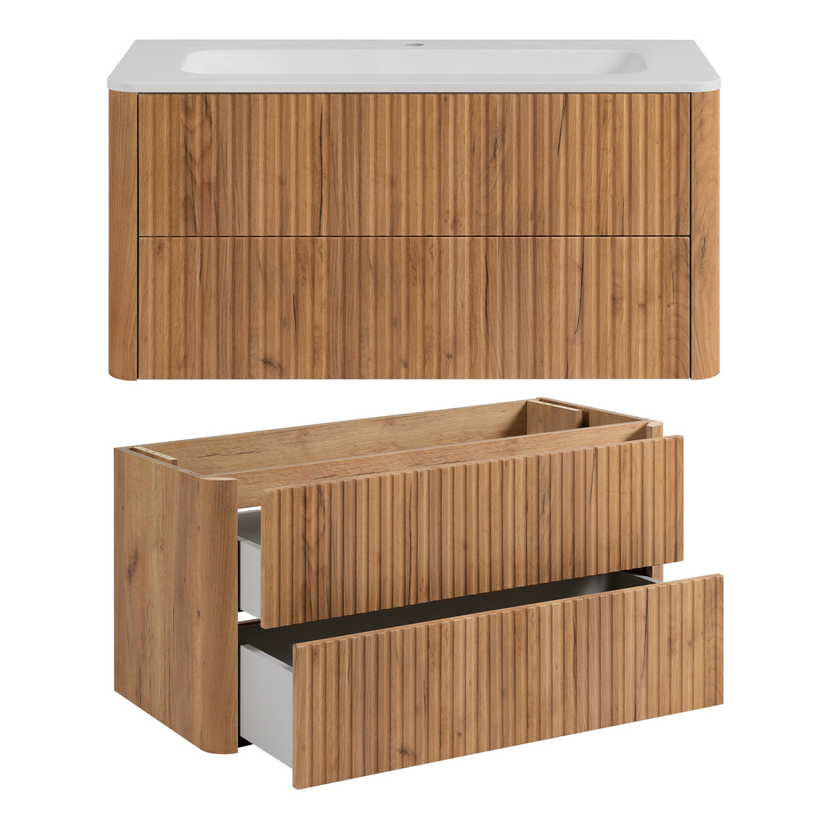 Linea Bathroom Furniture Set 100cm Vanity Unit with Basin & Tall Cabinet - Gold Craft Oak