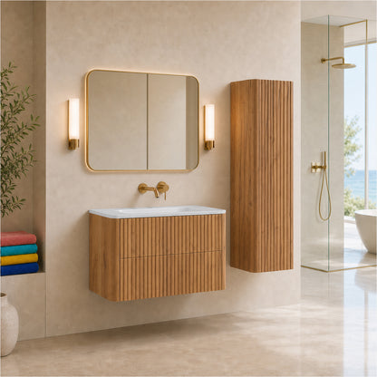 Linea Bathroom Furniture Set 100cm Vanity Unit with Basin & Tall Cabinet - Gold Craft Oak