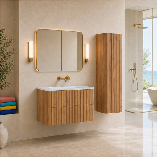 Linea Bathroom Furniture Set 100cm Vanity Unit with Basin & Tall Cabinet - Gold Craft Oak