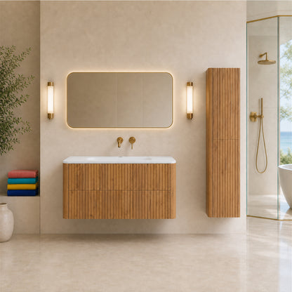 Linea Bathroom Furniture Set 100cm Vanity Unit with Basin & Tall Cabinet - Gold Craft Oak