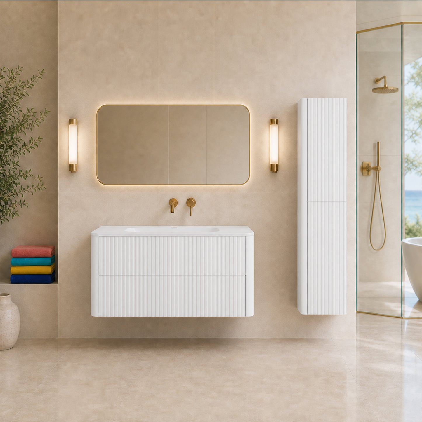 Linea Bathroom Furniture Set 100cm Vanity Unit with Basin & Tall Cabinet - White