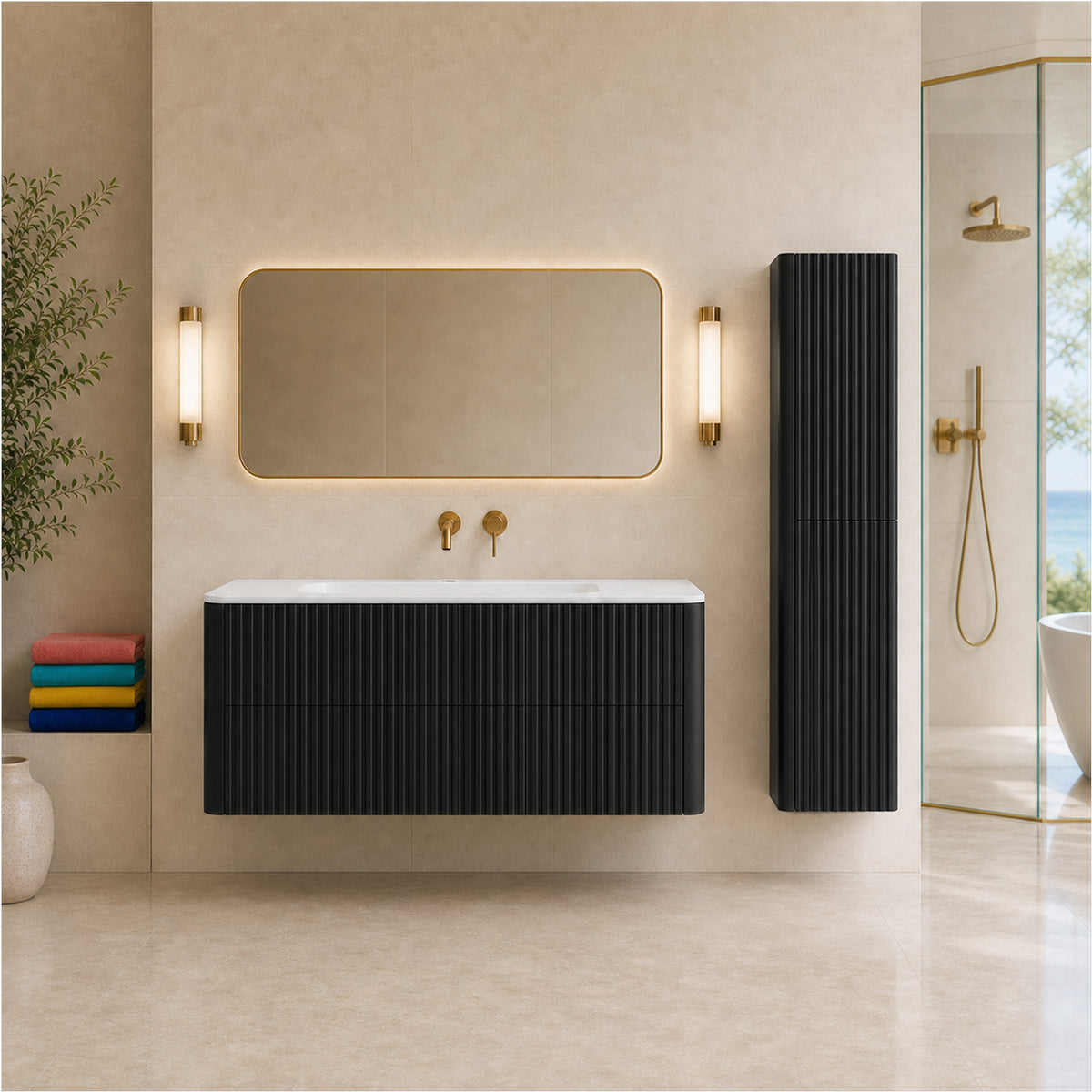 Linea Bathroom Furniture Set 120cm Vanity Unit with Basin & Tall Cabinet - Black