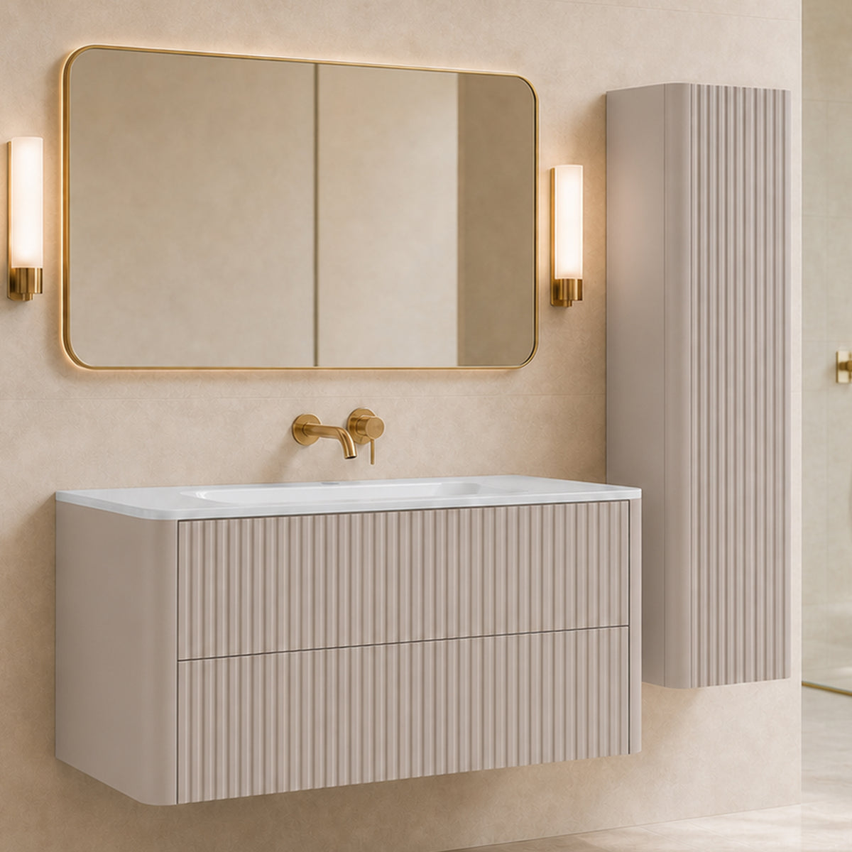 Linea Bathroom Furniture Set 120cm Vanity Unit with Basin & Tall Cabinet - Cashmere