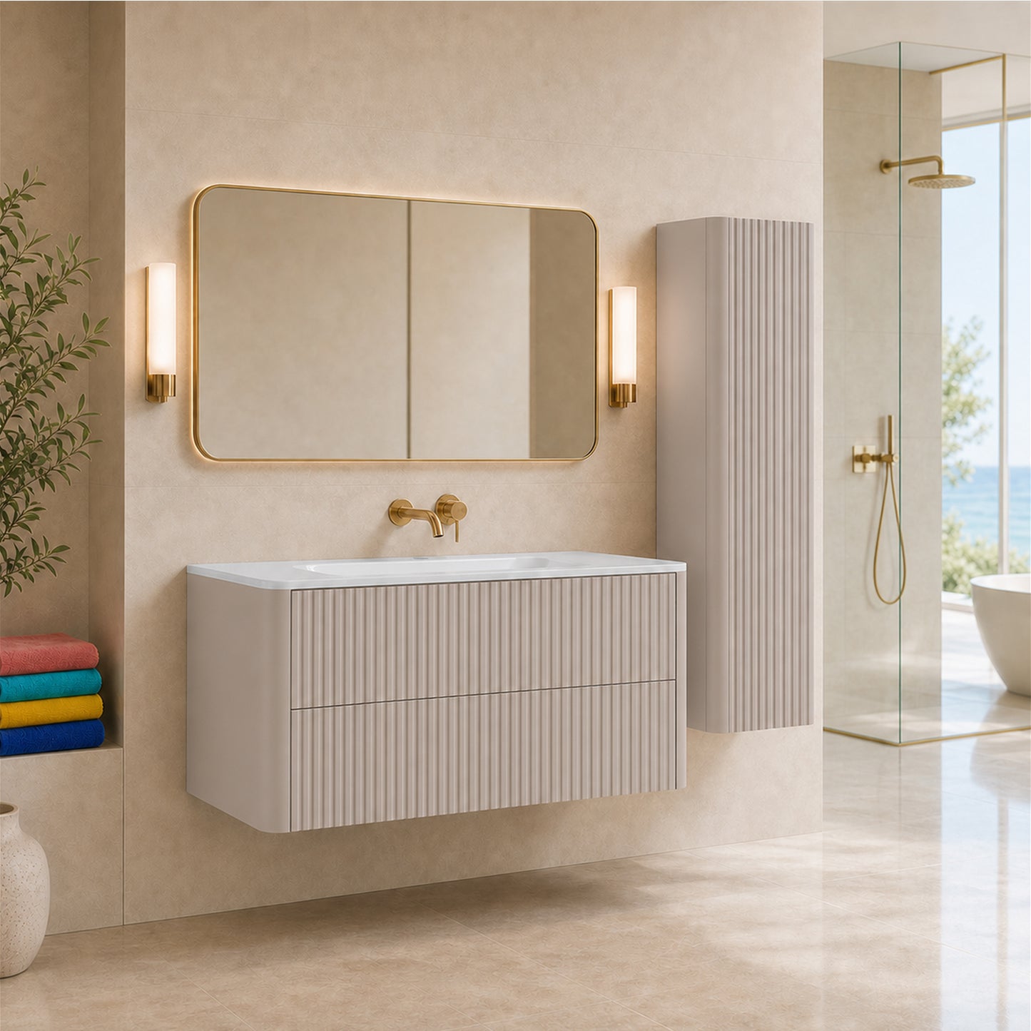 Linea Bathroom Furniture Set 120cm Vanity Unit with Basin & Tall Cabinet - Cashmere
