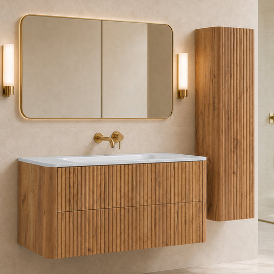 Linea Bathroom Furniture Set 120cm Vanity Unit with Basin & Tall Cabinet - Gold Craft Oak