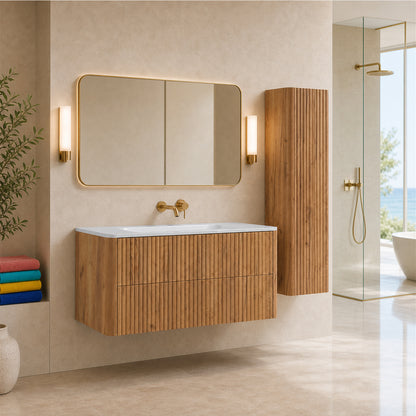 Linea Bathroom Furniture Set 120cm Vanity Unit with Basin & Tall Cabinet - Gold Craft Oak