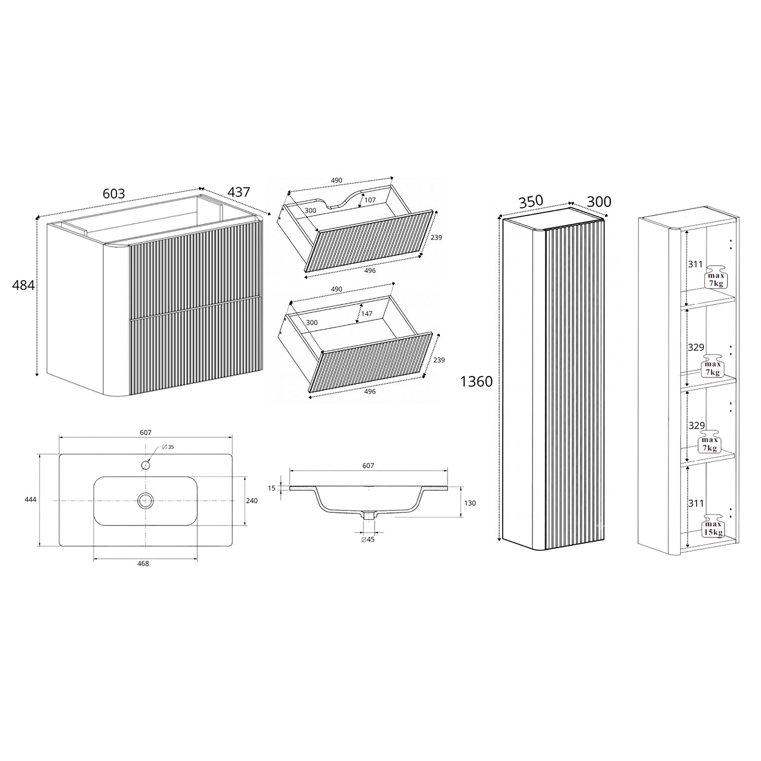 Linea Bathroom Furniture Set 60cm Vanity Unit with Basin & Tall Cabinet - Cashmere