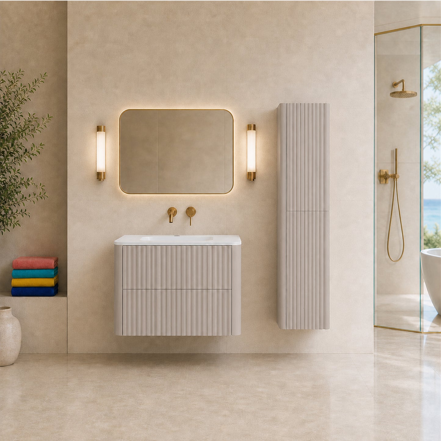 Linea Bathroom Furniture Set 60cm Vanity Unit with Basin & Tall Cabinet - Cashmere