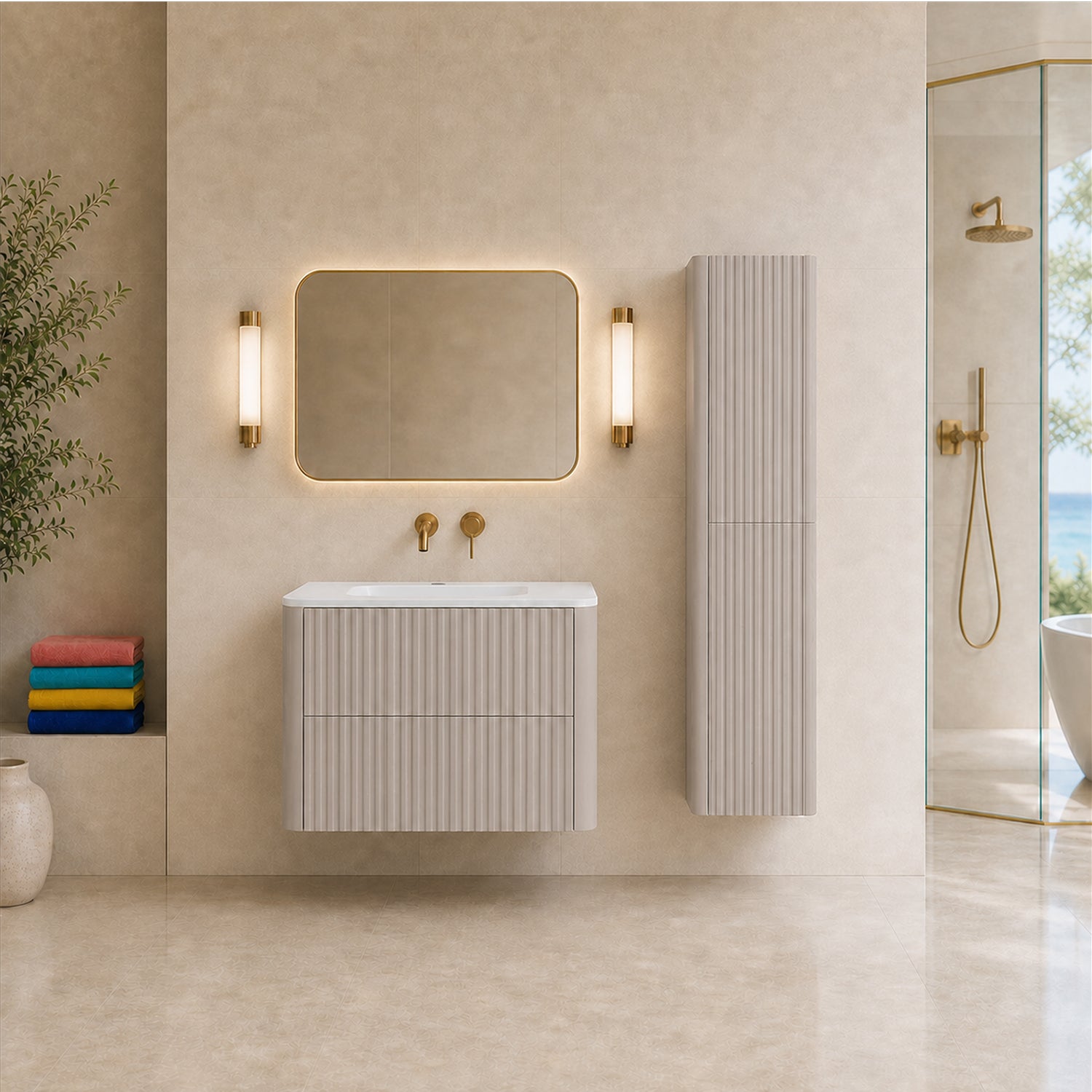 Linea Bathroom Furniture Set 60cm Vanity Unit with Basin & Tall Cabinet - Cashmere