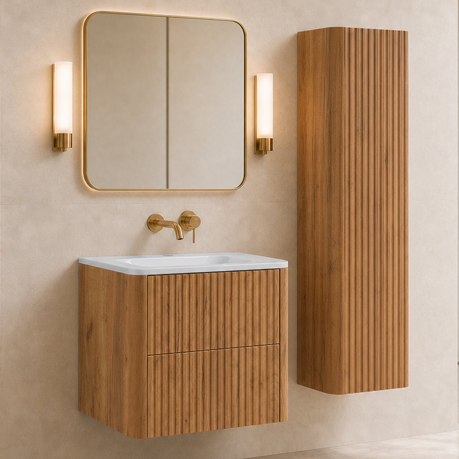 Linea Bathroom Furniture Set 60cm Vanity Unit with Basin & Tall Cabinet - Gold Craft Oak