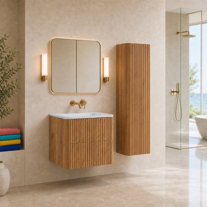 Linea Bathroom Furniture Set 60cm Vanity Unit with Basin & Tall Cabinet - Gold Craft Oak