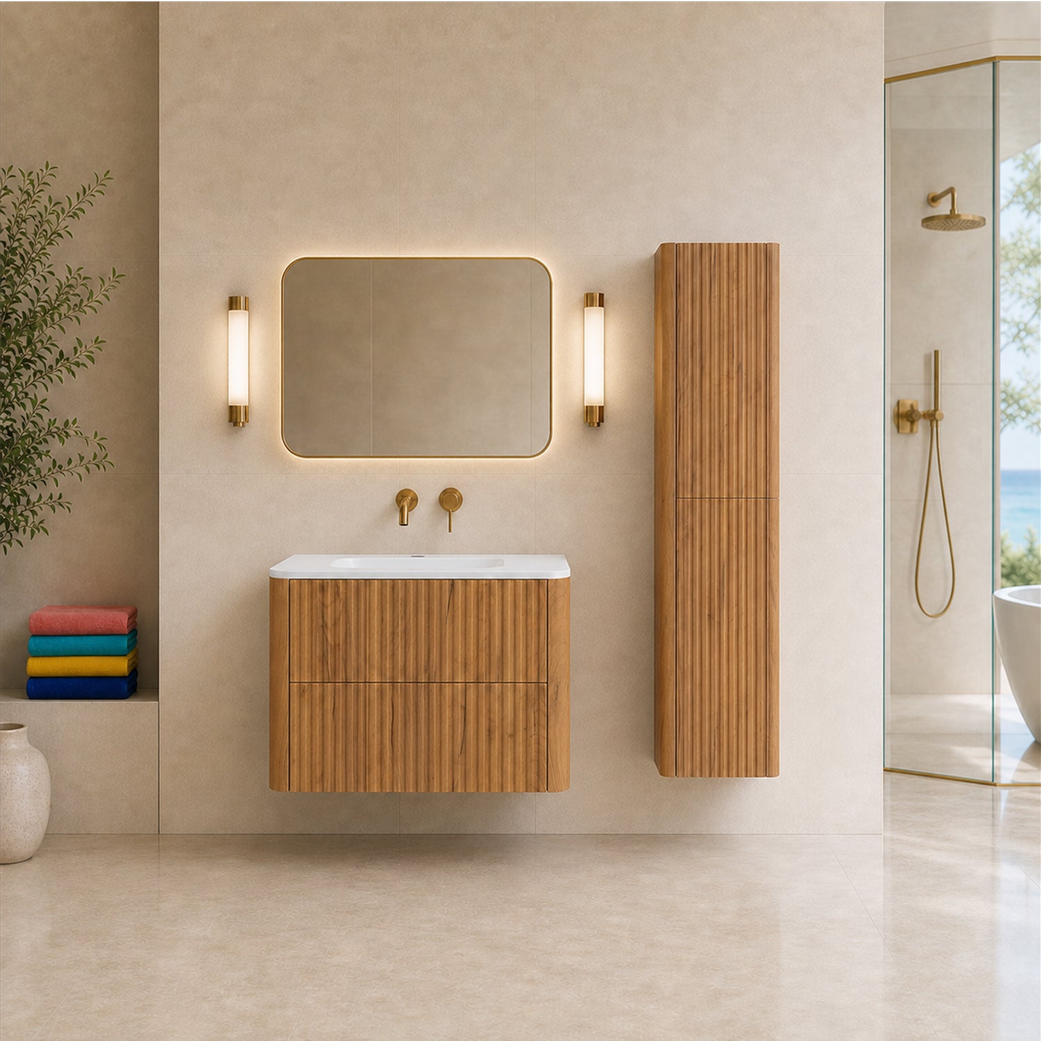 Linea Bathroom Furniture Set 60cm Vanity Unit with Basin & Tall Cabinet - Gold Craft Oak
