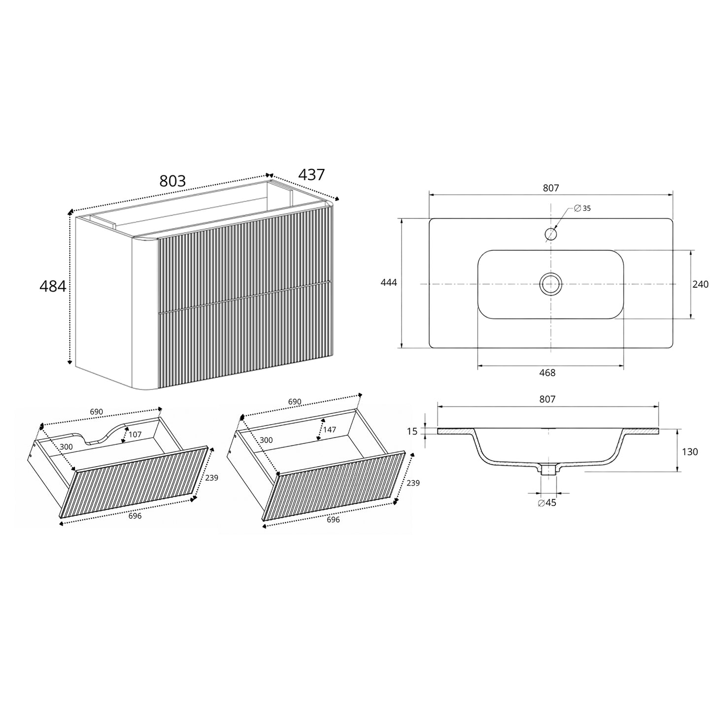 Linea 80cm Wall Bathroom Vanity Unit with Basin - Black
