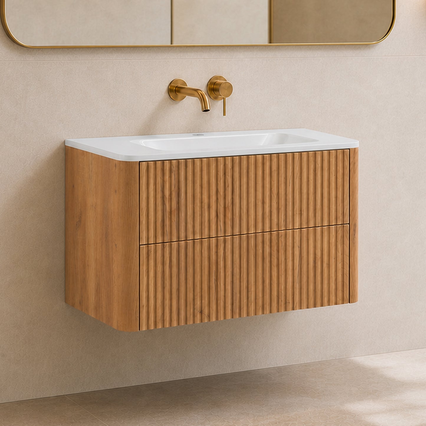 Linea 80 cm Wisząca Szafka Łazienkowa z Umywalką – Dąb Craft Złoty 